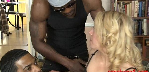 Curly blonde hair babe double stuffed by black cocks